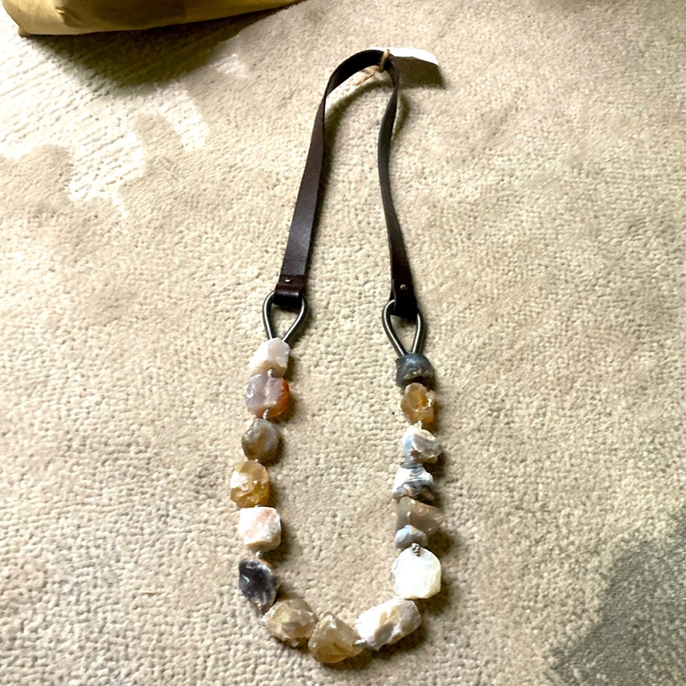 Brown leather and Natural Stone Necklace